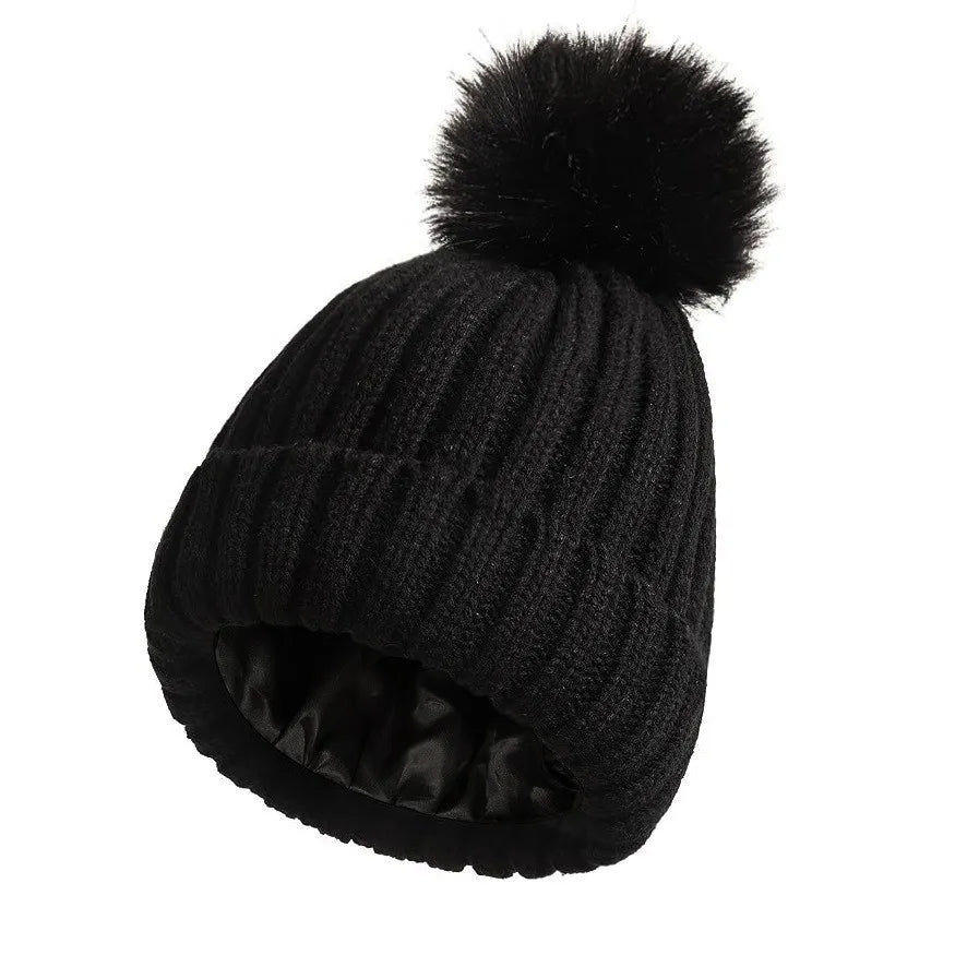 Women's Winter Beanie Hat Faux Fur Pom Pom Satin Lined Warm Knitted Skull Cap for Cold Weather