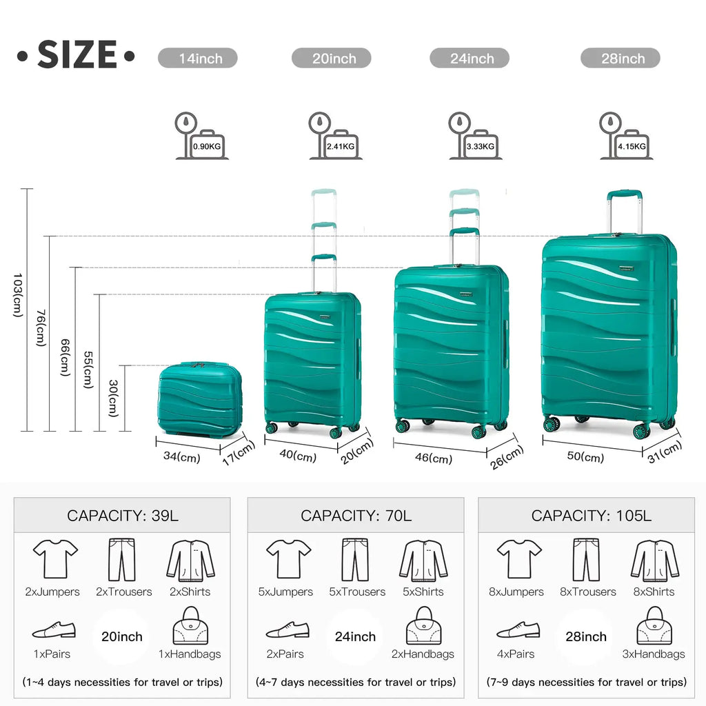 Luggage 4-Piece Lightweight Polypropylene Hard Shell Suitcase Set with TSA Locks & Spinner Wheels - 14"/20"/24"/28"