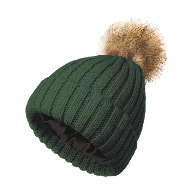 Women's Winter Beanie Hat Faux Fur Pom Pom Satin Lined Warm Knitted Skull Cap for Cold Weather