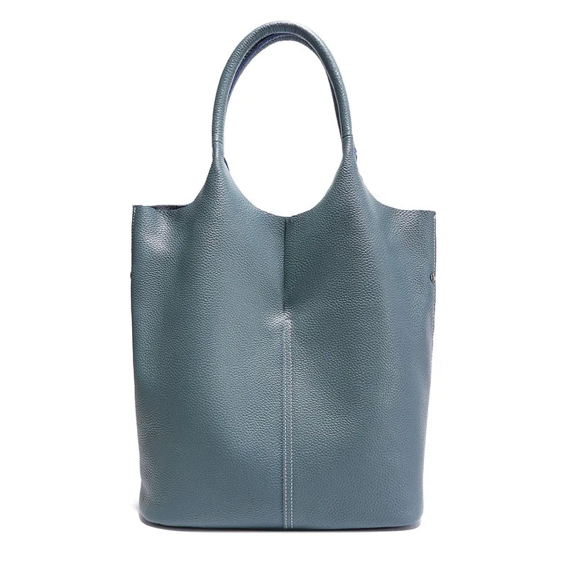 Genuine Grade Leather Women Commuter Tote Bag Ladies Soft Cowhide Tote Shoulder Handbag Large Female Bucket Bag Luxury Designer