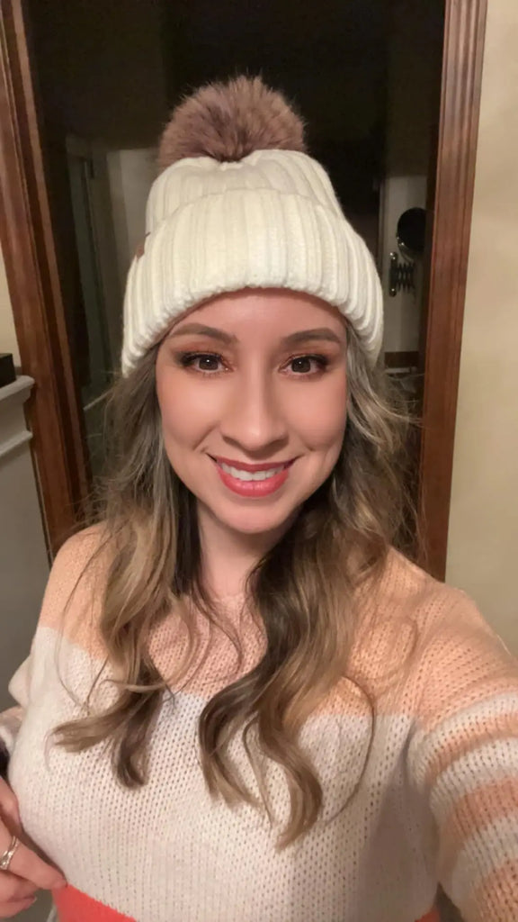 Women's Winter Beanie Hat Faux Fur Pom Pom Satin Lined Warm Knitted Skull Cap for Cold Weather