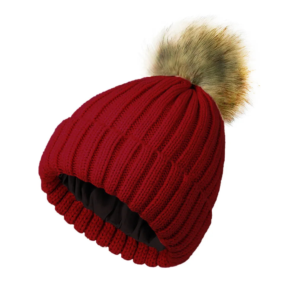 Women's Winter Beanie Hat Faux Fur Pom Pom Satin Lined Warm Knitted Skull Cap for Cold Weather