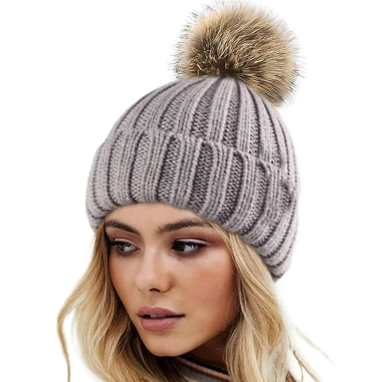 Women's Winter Beanie Hat Faux Fur Pom Pom Satin Lined Warm Knitted Skull Cap for Cold Weather