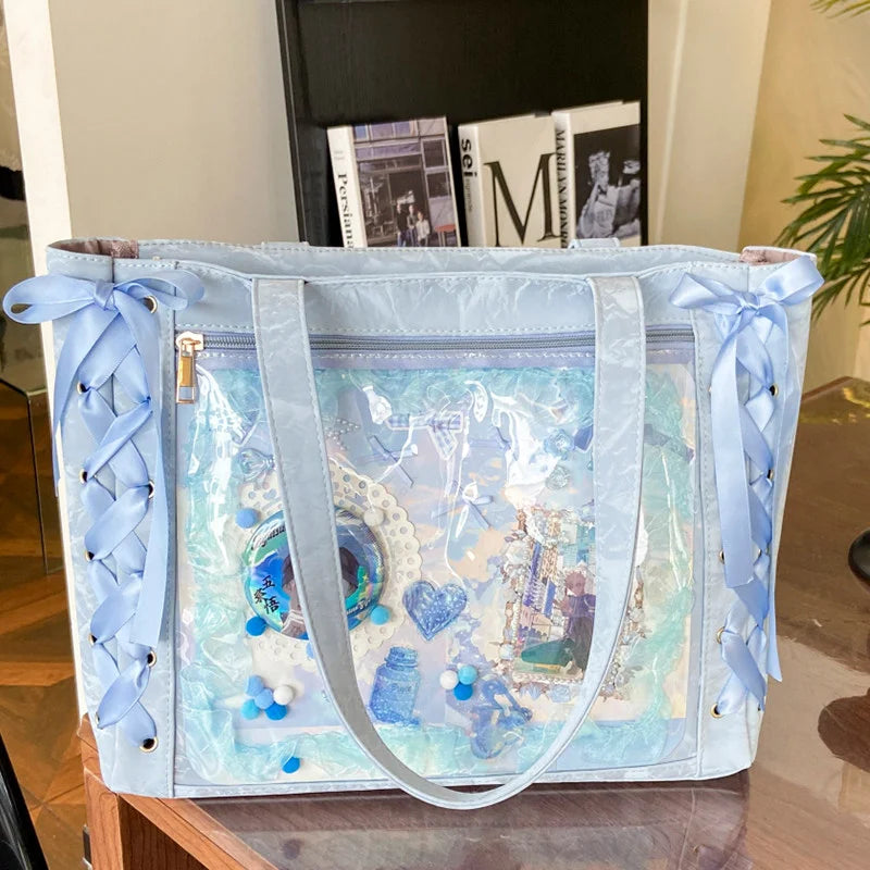 New Y2K Cute Japanese Ita Bag Lolita Girl Transparent Shoulder Tote Bag Large Capacity Crossbody Casual Bag DIY Display Handbags