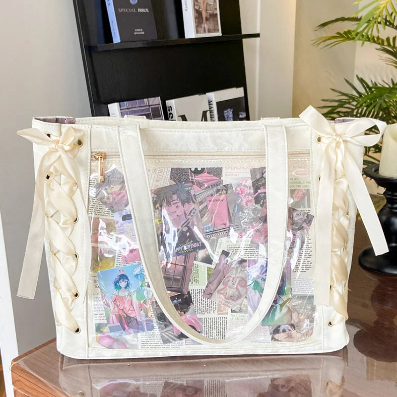 New Y2K Cute Japanese Ita Bag Lolita Girl Transparent Shoulder Tote Bag Large Capacity Crossbody Casual Bag DIY Display Handbags