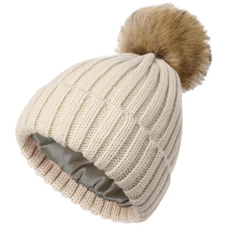 Women's Winter Beanie Hat Faux Fur Pom Pom Satin Lined Warm Knitted Skull Cap for Cold Weather