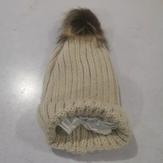 Women's Winter Beanie Hat Faux Fur Pom Pom Satin Lined Warm Knitted Skull Cap for Cold Weather