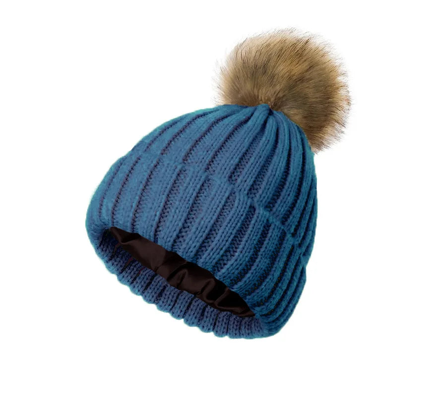 Women's Winter Beanie Hat Faux Fur Pom Pom Satin Lined Warm Knitted Skull Cap for Cold Weather