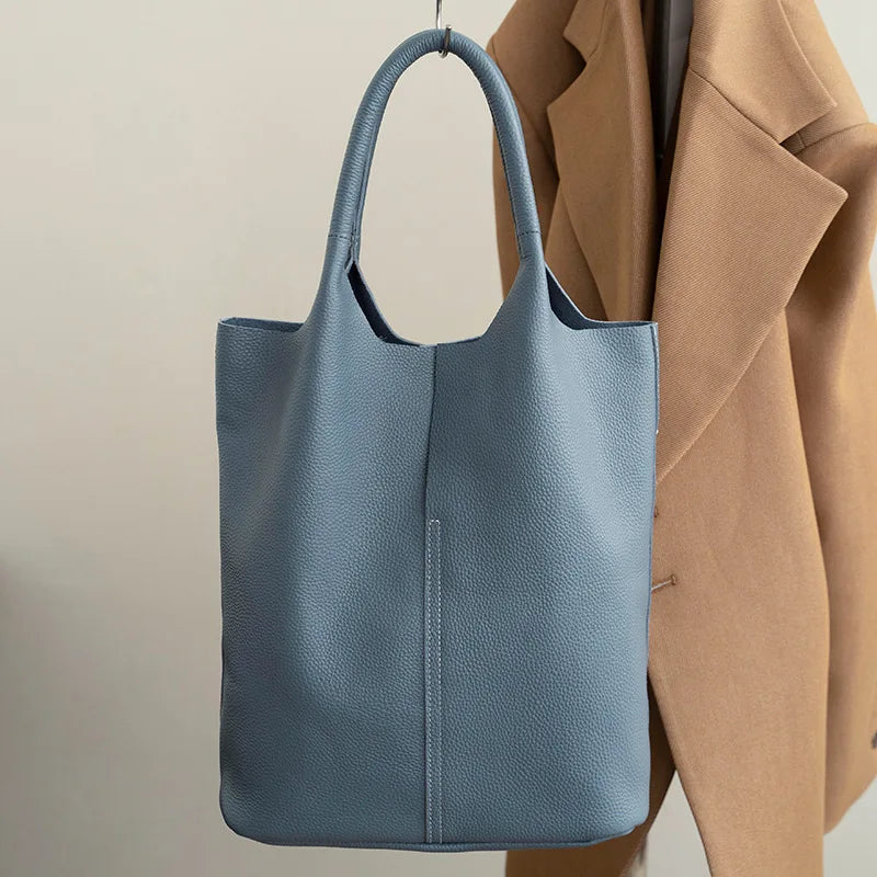 Genuine Grade Leather Women Commuter Tote Bag Ladies Soft Cowhide Tote Shoulder Handbag Large Female Bucket Bag Luxury Designer