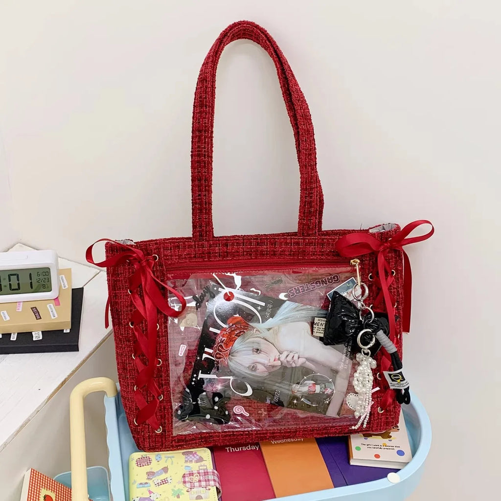 New Y2K Cute Japanese Ita Bag Lolita Girl Transparent Shoulder Tote Bag Large Capacity Crossbody Casual Bag DIY Display Handbags
