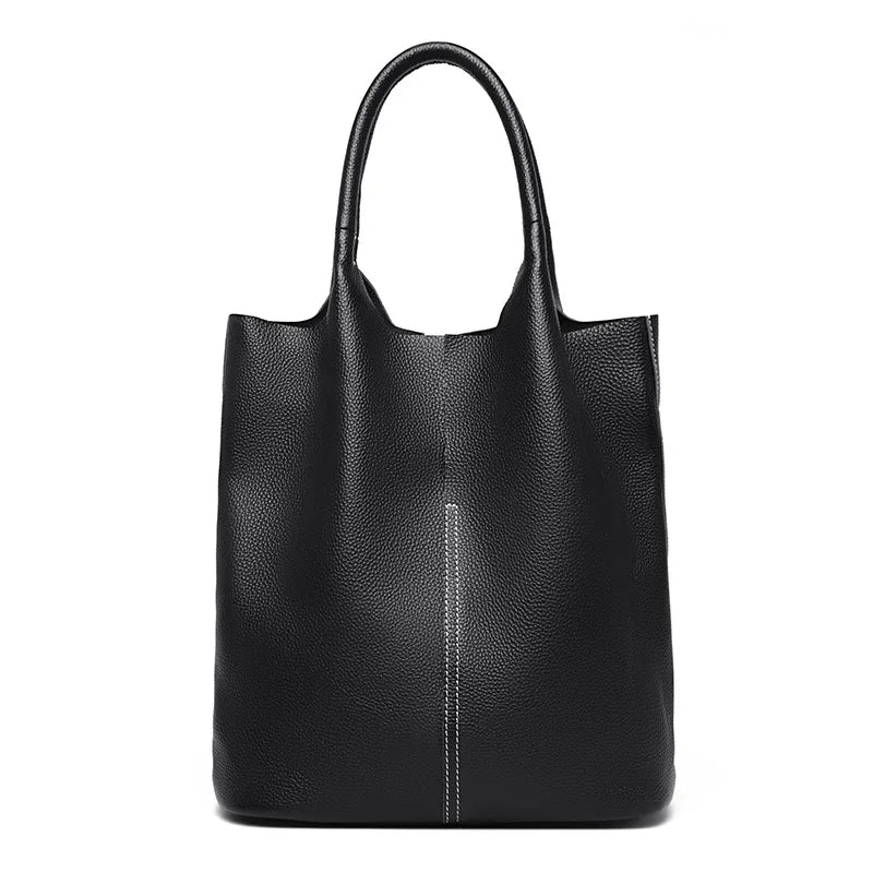Genuine Grade Leather Women Commuter Tote Bag Ladies Soft Cowhide Tote Shoulder Handbag Large Female Bucket Bag Luxury Designer