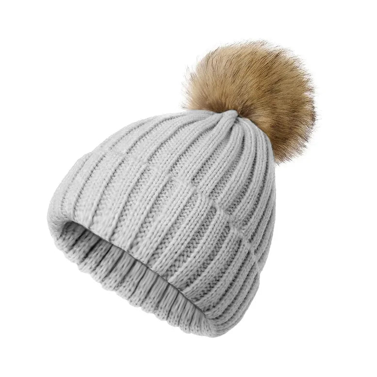 Women's Winter Beanie Hat Faux Fur Pom Pom Satin Lined Warm Knitted Skull Cap for Cold Weather