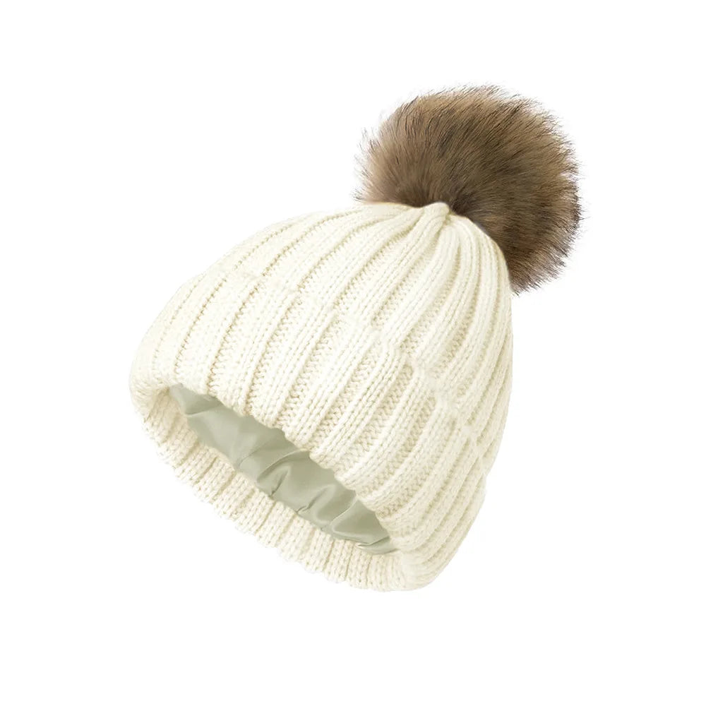 Women's Winter Beanie Hat Faux Fur Pom Pom Satin Lined Warm Knitted Skull Cap for Cold Weather