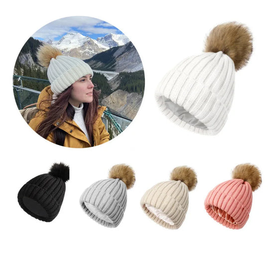 Women's Winter Beanie Hat Faux Fur Pom Pom Satin Lined Warm Knitted Skull Cap for Cold Weather