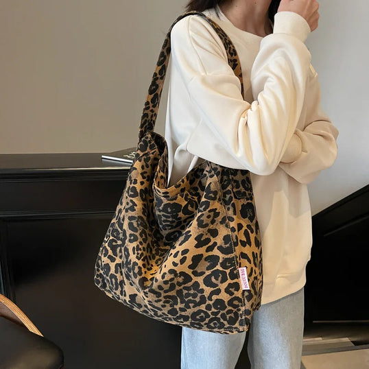 Vintage Leopard Canvas Shoulder Shopper Bag for Women 2026 Large Woman Tote Bag Fashion Designer Female Handbags Purses Bolsas