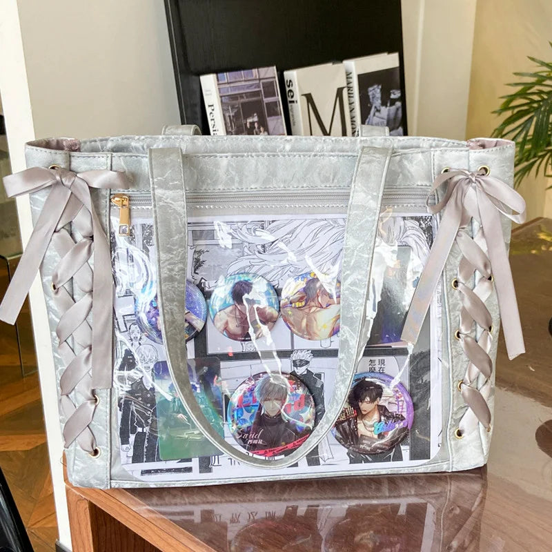 New Y2K Cute Japanese Ita Bag Lolita Girl Transparent Shoulder Tote Bag Large Capacity Crossbody Casual Bag DIY Display Handbags
