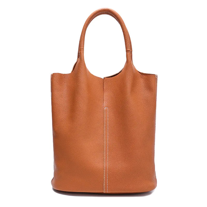 Genuine Grade Leather Women Commuter Tote Bag Ladies Soft Cowhide Tote Shoulder Handbag Large Female Bucket Bag Luxury Designer