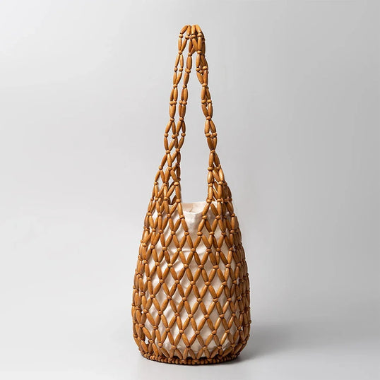 Women Woven Hand Bag Summer Design Hollow-out Wooden Bead Tote Bucket Shoulder Bag Female Reticulate Netted Canvas Beach Handbag