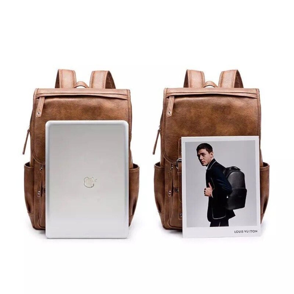 Mens PU Leather Backpack Vintage Multi Pocket Rucksack Travel Weekend Work Bag image 3