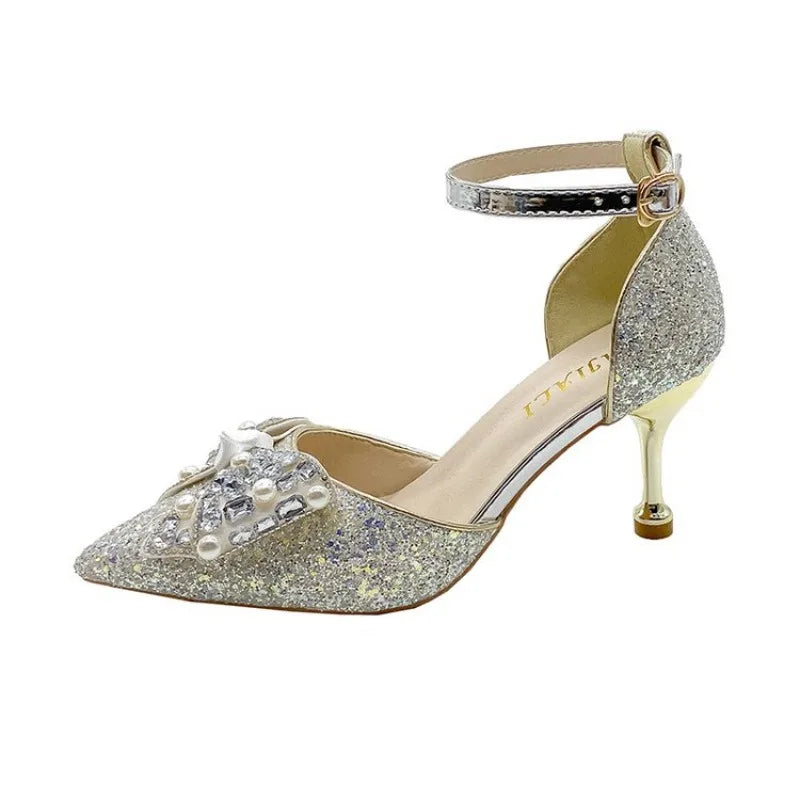 Womens Glitter Rhinestone Bow Ankle Strap Pumps Thin High Heels Wedding Bridal Sandals Party Crystal Sparkly Evening Dress Shoes