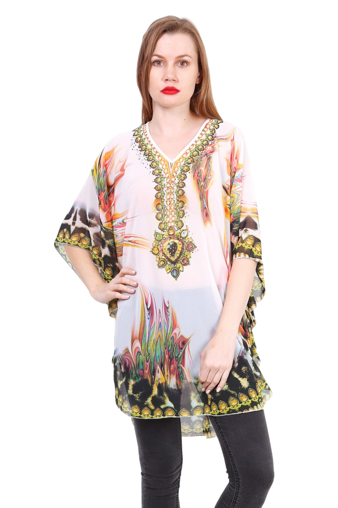 Ladies Printed poncho with rhinestones Summer Top Tunic Holiday Casual Oversized image 0