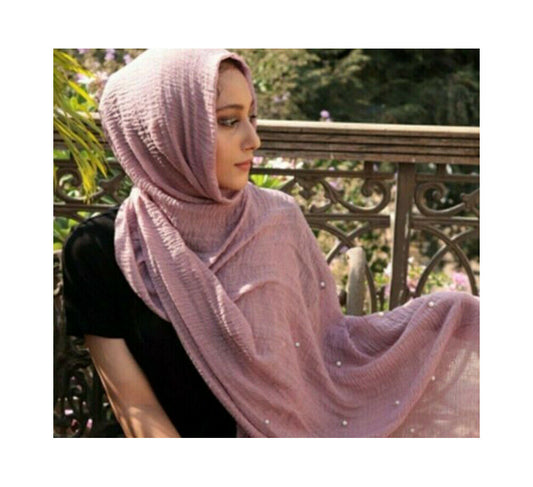 Women's Pearl Beaded Shawl Crinkle Scarf Muslim Head Wrap Pleated Hijab Big Size image 0