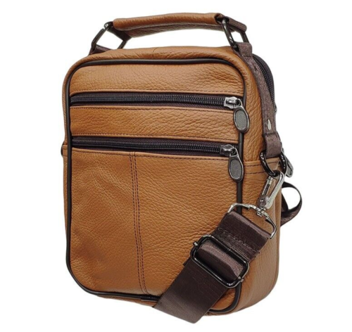 Brown Leather Shoulder Bag Work Travel Handbag Multi Zip Pockets Handle Bag image 0