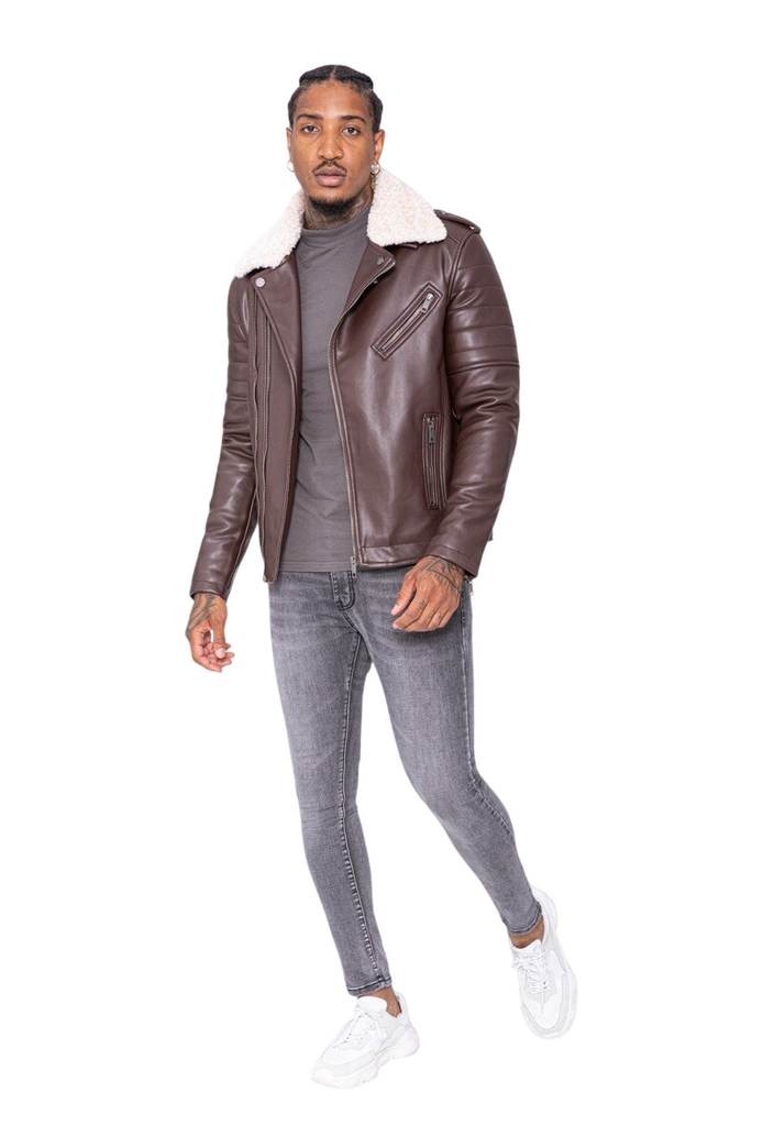 Men’s Leather Biker Jacket Sherpa Collar Brown Moto Style Winter Coat image 2