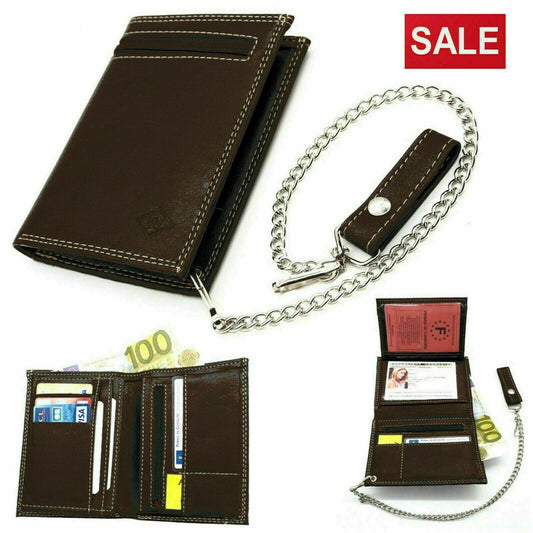 Men's Biker Leather Wallet With Coin Pocket And Safety Metal Chain Purse BROWN image 0
