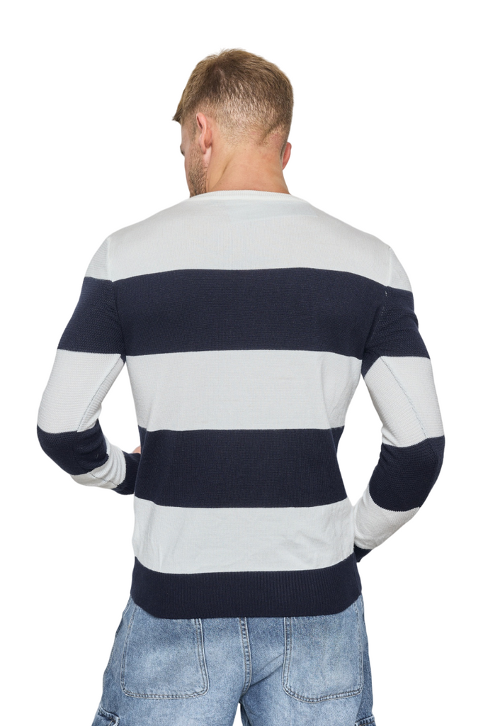 Mens Comfort Jumper Two Tone Striped Sweater V-Neck Pullover Winter Sweater image 10
