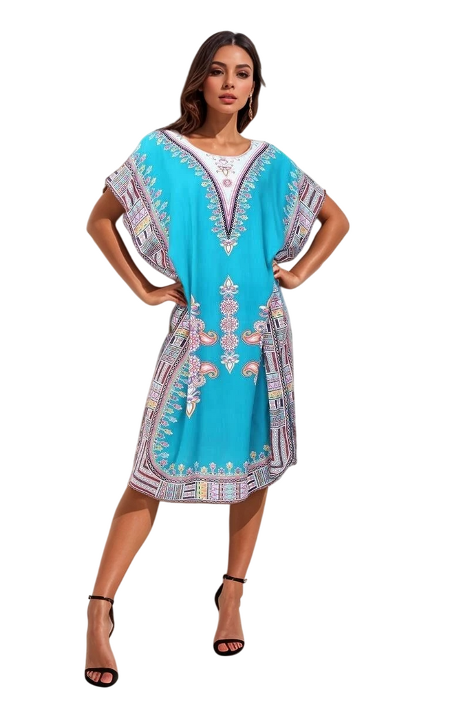 Womens Dress Cotton Kaftan Dress Summer Mid African Beach Tshirt Printed Top image 3