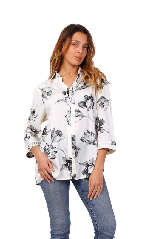 Ladies Satin Shirt Printed Travel Holiday Beachwear Summer Black White Shirt image 0