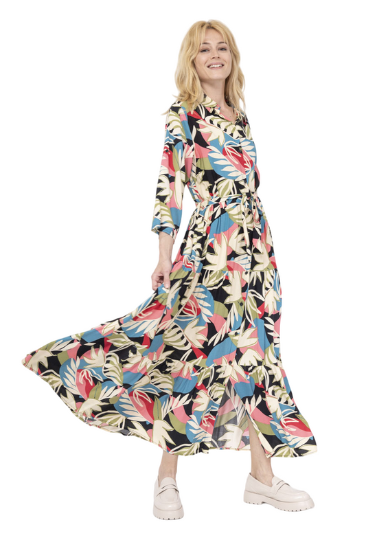Women’s Summer Long Dress Holiday Leaf Flower Print With Belt Stylish Dress image 0