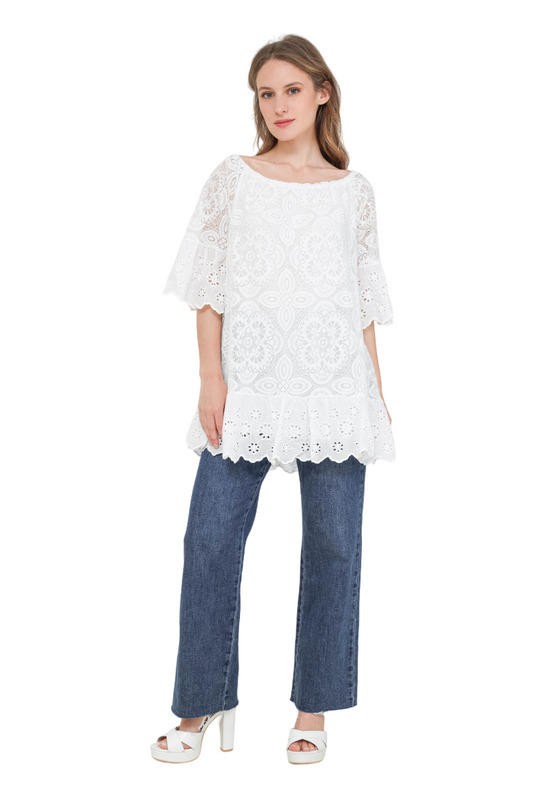 Ladies White Classic Mosaic Lace Floral Design Tunic Dress Holiday Cotton Top image 0