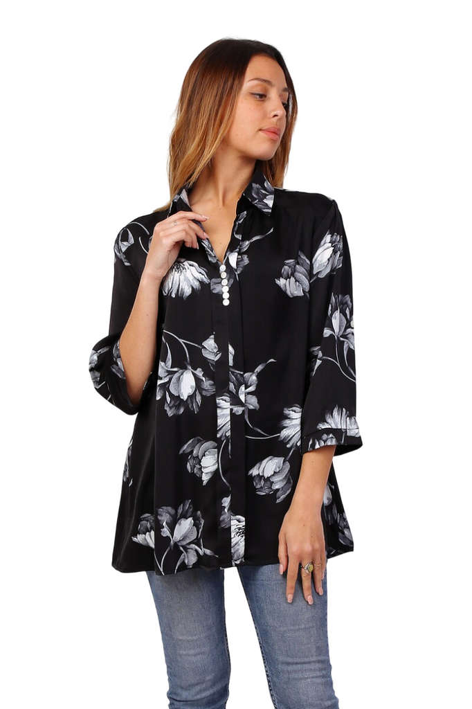 Ladies Satin Shirt Printed Travel Holiday Beachwear Summer Black White Shirt image 1