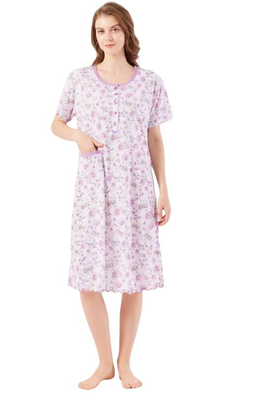 Women Nightwear Floral Print 100% Cotton Short Sleeve Long Nightdress M to 3XL image 1
