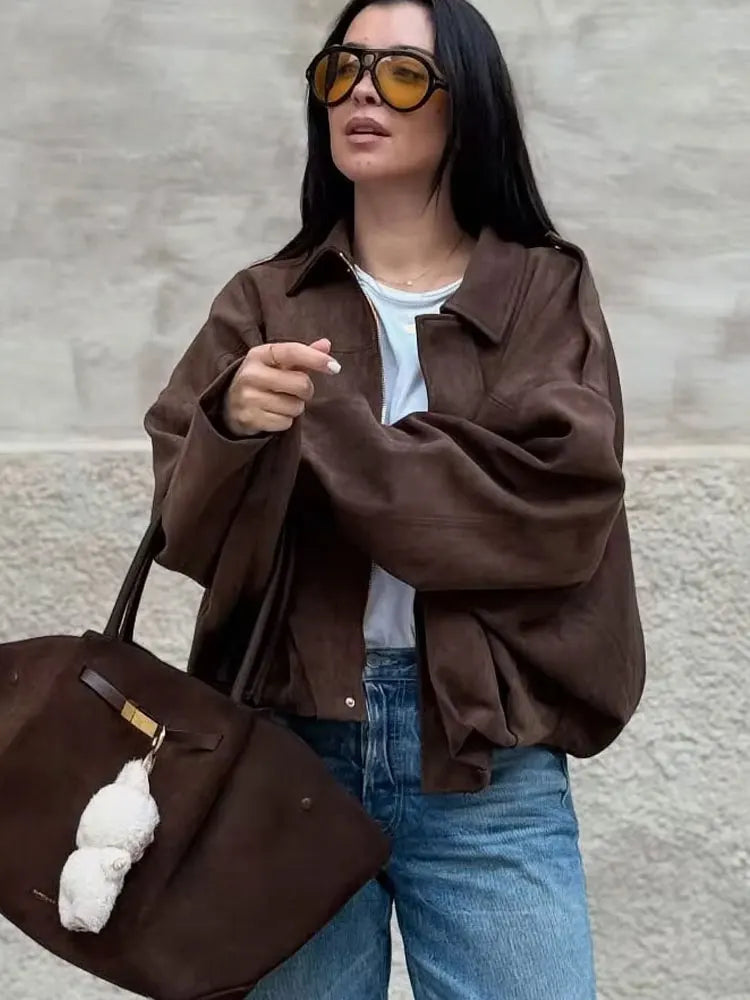 Women's Street Fashion Solid Loose Suede Texture Coats Causal Long Bat Sleeves Lapel Zipper Fly Winter Vintage Jackets