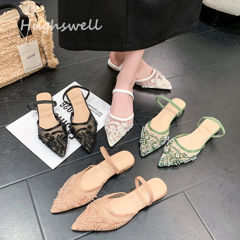 Pearl Bead Embroidery Lace Slingback Shoes Woman Luxury Floral Silk Gauze Low Heel Mules Ladies Elegant Evening Party Dress Shoe