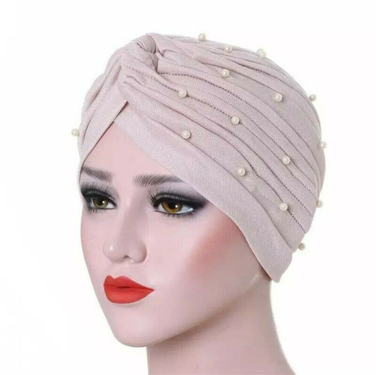 Ladies Turban Hat Beaded Pearls Muslim Wrap Hair Cap Hijab Head Scarf Bandanna image 0
