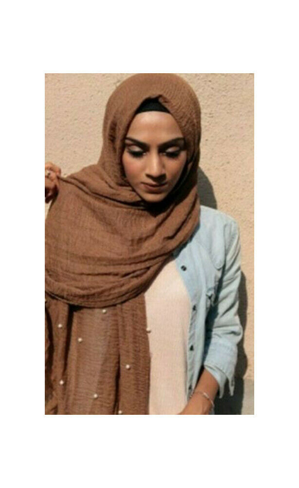 Women's Pearl Beaded Shawl Crinkle Scarf Muslim Head Wrap Pleated Hijab Big Size image 2