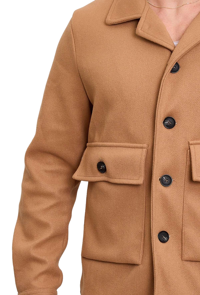 Mens Overshirt Long Sleeve Snap Button Up Jacket Pocket Casual Plain Fleece Top image 2