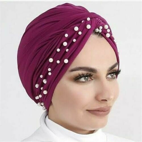 Ladies Turban Hat Beaded Pearls Muslim Wrap Hair Cap Hijab Head Scarf Bandanna image 1