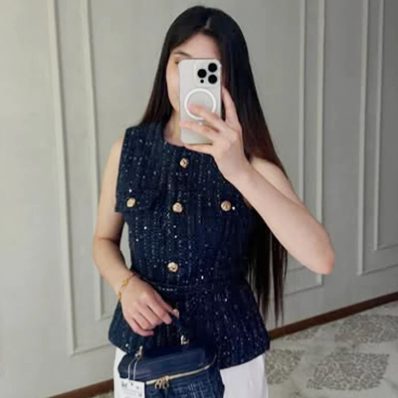 HXAO Women's Vest Summer 2025 Blue Off White Black Vest Textured Waistcoat Woman Button Sleeveless Vest Women Fashion Outerwears
