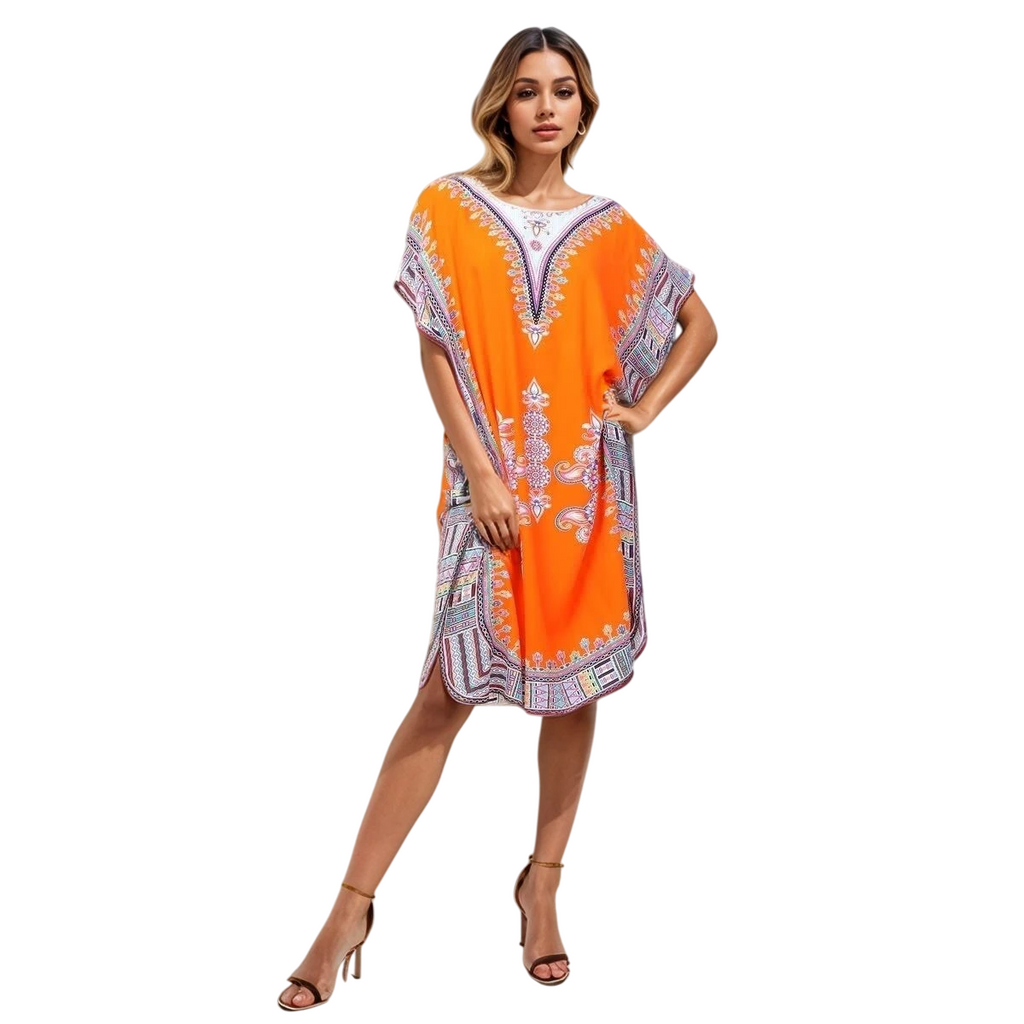 Womens Dress Cotton Kaftan Dress Summer Mid African Beach Tshirt Printed Top image 0