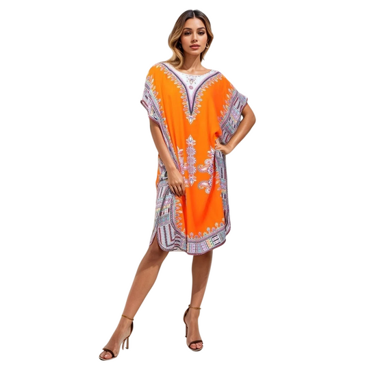 Womens Dress Cotton Kaftan Dress Summer Mid African Beach Tshirt Printed Top image 0