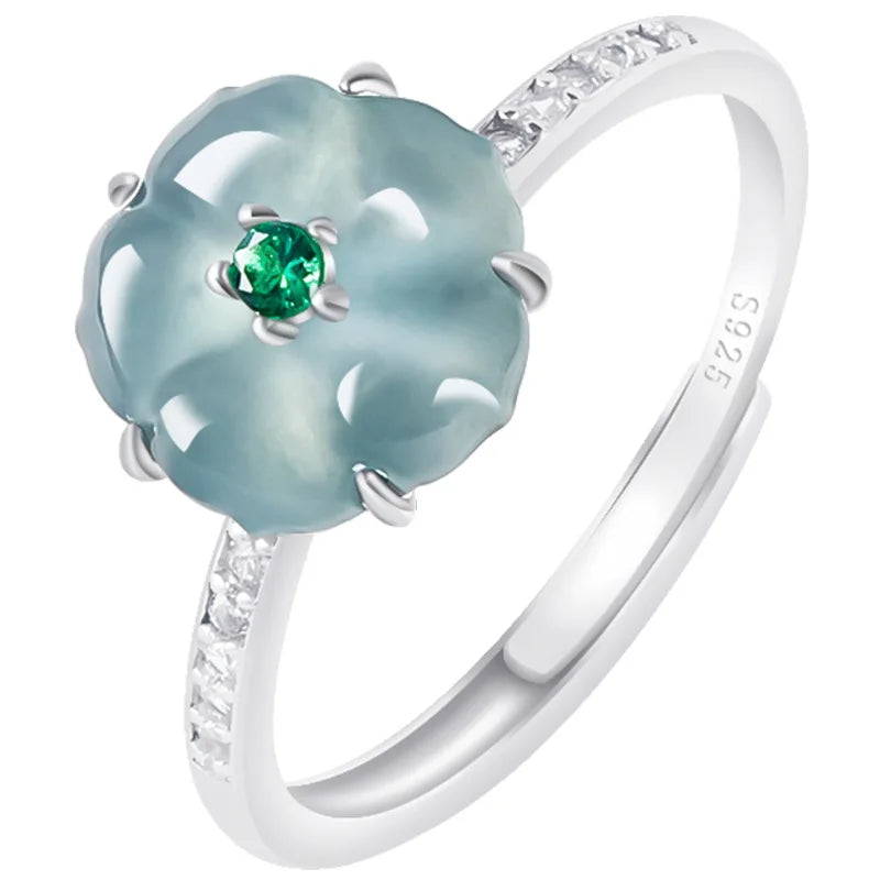 Blue Burmese Jadeite Flower Rings 925 Silver Natural Burmese Jade Luxury Talismans Fashion Accessories Gifts for Women