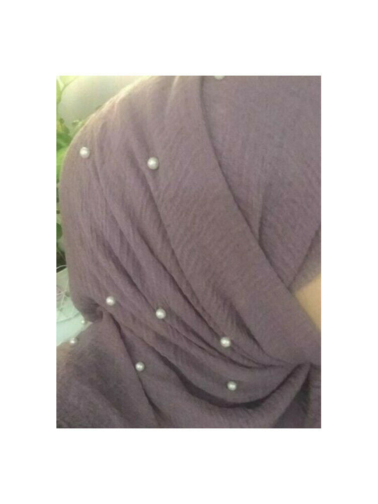 Women's Pearl Beaded Shawl Crinkle Scarf Muslim Head Wrap Pleated Hijab Big Size image 1