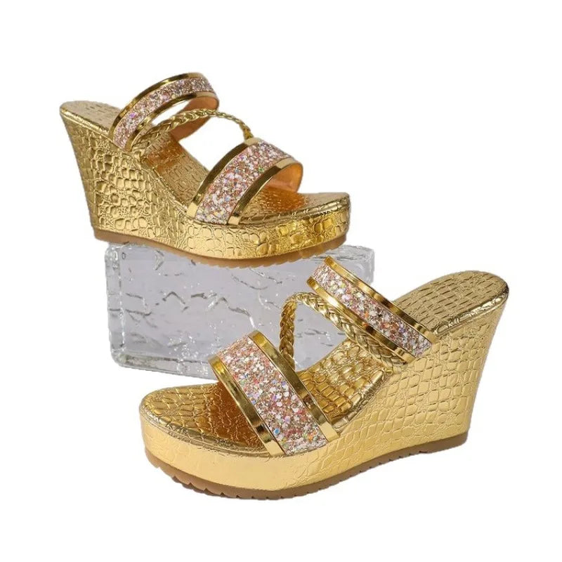 36-42 Plus Size Shoes for Women Summer Round Toe Platform Wedge Slip on Sequin Fashion Slippers Party Evening Dress Sandals