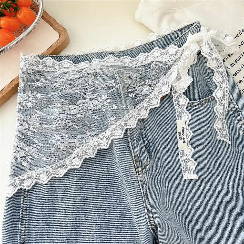 Y2K Women Lace Tulle Bandage Skirt Stacked Lace Half Skirt Layering Small Butt Curtain Flower Triangle Hair Scarf