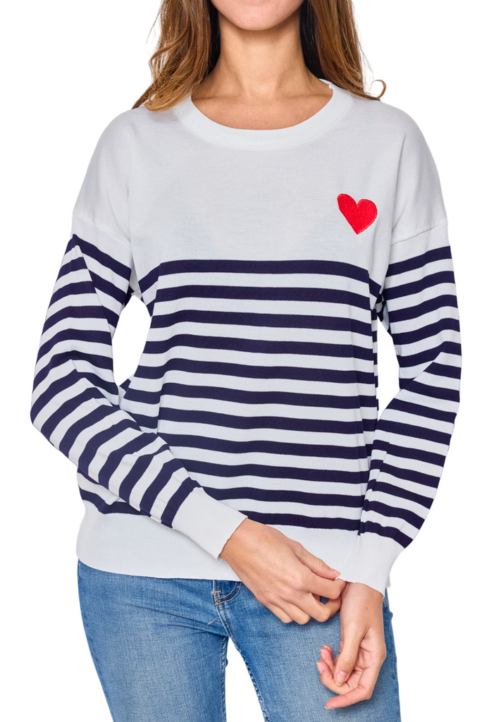 Women's Sweater Embroidered Red Heart Sailor Love Top Stripe Style Fashion Top image 3